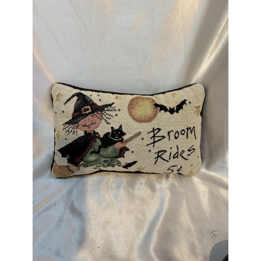 Witch Halloween Broom Rides Tapestry Accent Pillow Cat Moon Bat
